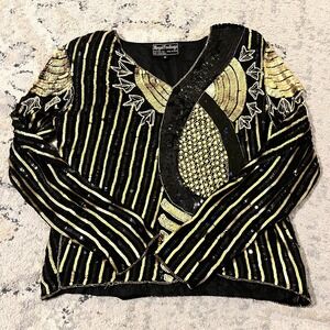 VTG Royal Feelings 100%‎ Silk Black Gold Sequin Top Party Holiday Event Women S